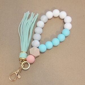 Green and White Key with Beaded Design and Fluffy Tassel (HOMEMADE)